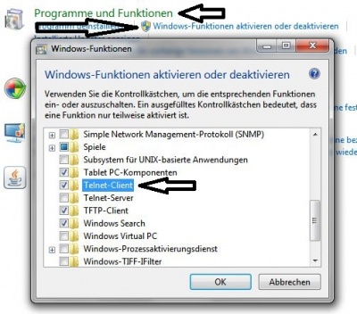 Start -> Systemsteuerung -> Programme und Funktionen Windows-Funktionen aktivieren oder deaktivieren Telnet Client aktivieren